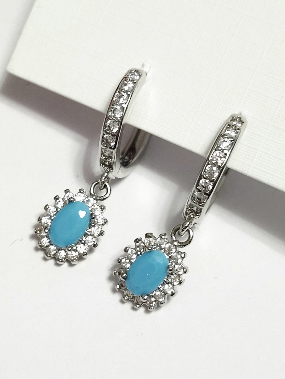 Silver Drop Earrings with Turquoise Blue Oval Stones